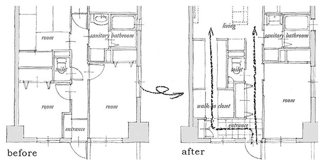 玄関からリビングへの動線を２つにして生活動線を改善