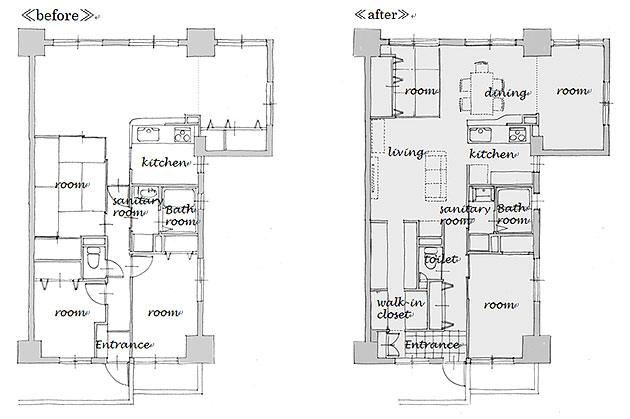名古屋市のリノベーション。施工前と施工後の平面図。